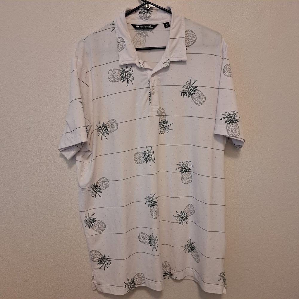 TravisMathew Mens XL White Pineapple Stripe Golf Polo Shirt Short Sleeve Stretch